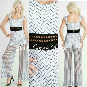 White Zig Zag Crochet Waist  Sleeveless Jumpsuit Size: Medium